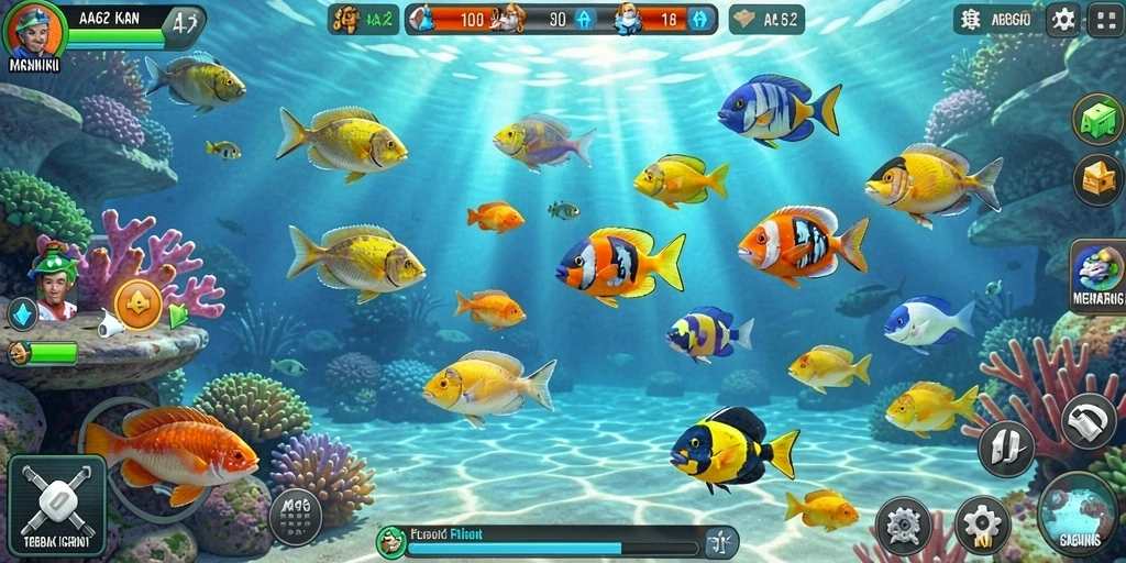 Gameplay seru menangkap ikan di lautan yang indah.