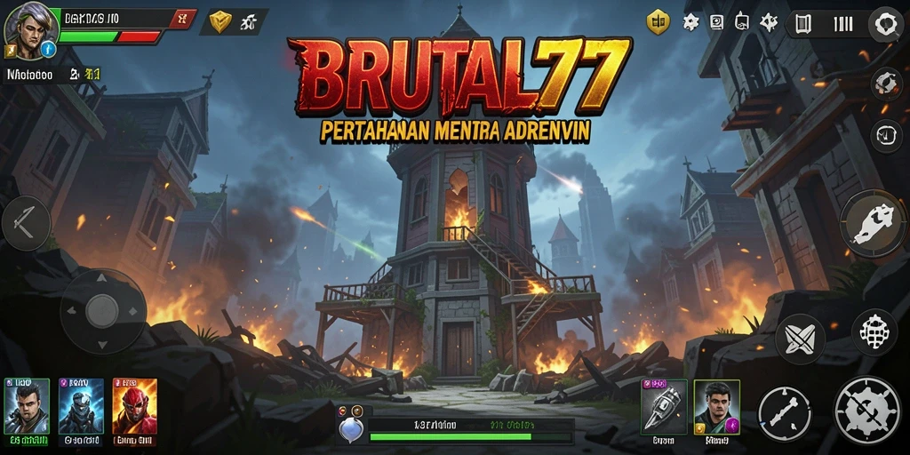 Tangkapan layar gameplay BRUTAL77 yang menampilkan serangan Tower Defense.