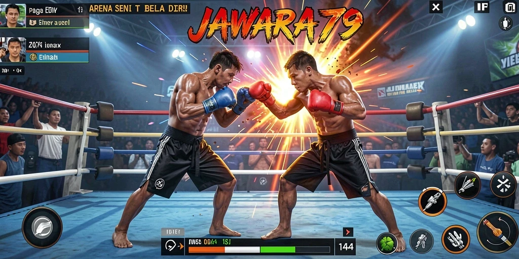 Tampilan aksi seru dalam JAWARA79 saat karakter bertarung.